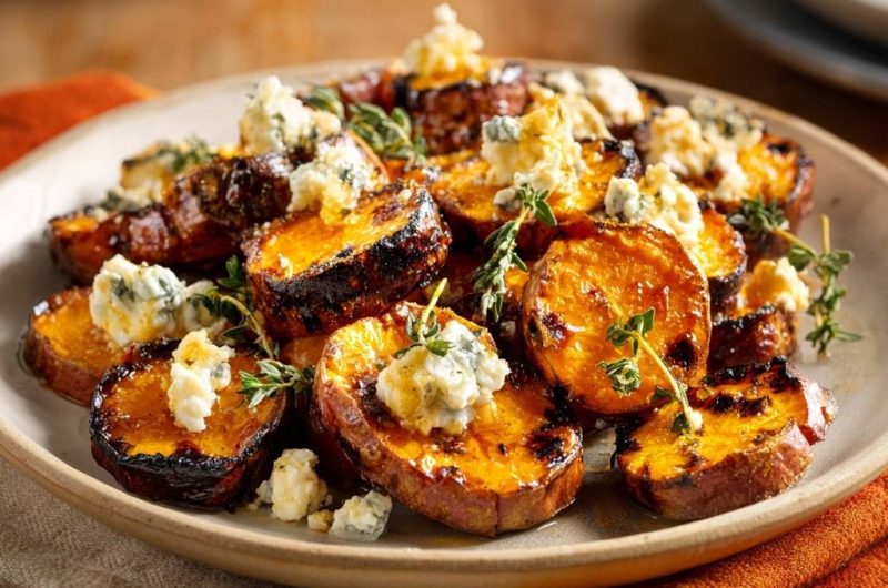 Gegrillte Süßkartoffelscheiben mit Blauschimmelkäse und Thymian