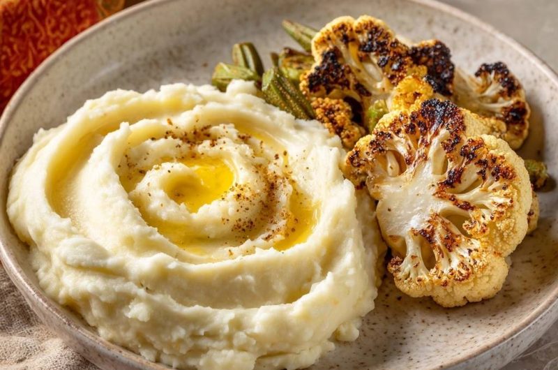 Gerösteter Blumenkohl mit cremigem Kartoffelpüree und Okra