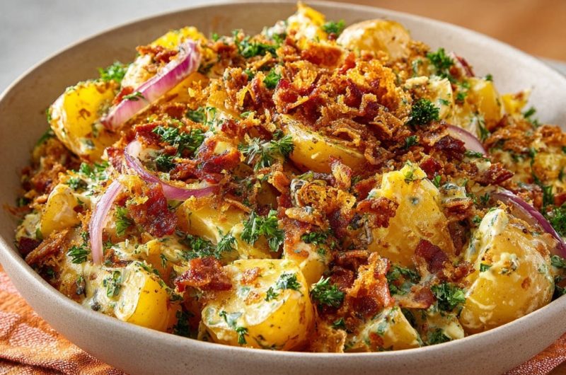 Herzhafter Kartoffelsalat mit Knusper-Topping