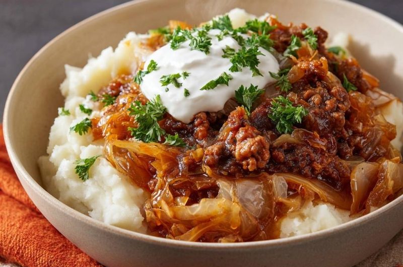 Karamellisierter Zwiebel-Hack auf cremigem Kartoffelpüree