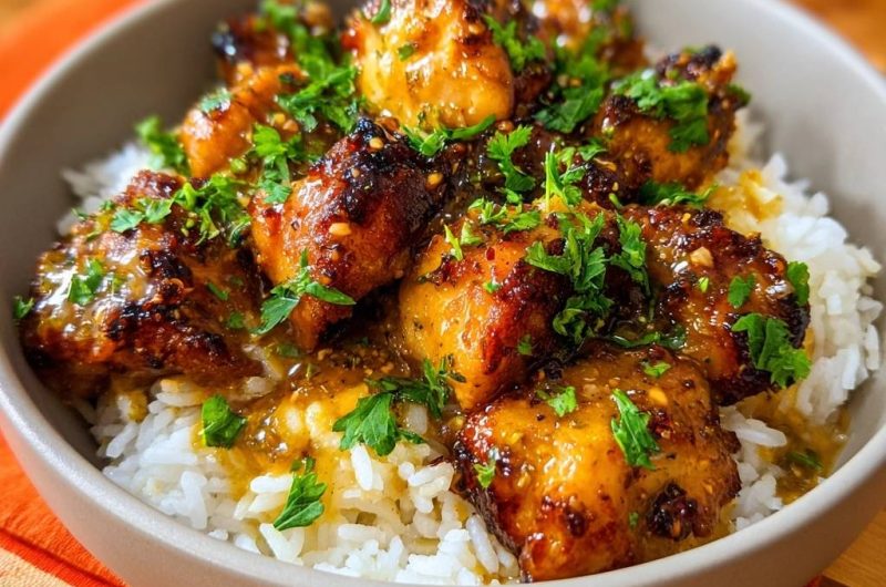 Klebriges Honig-Knoblauch-Hähnchen mit Reis