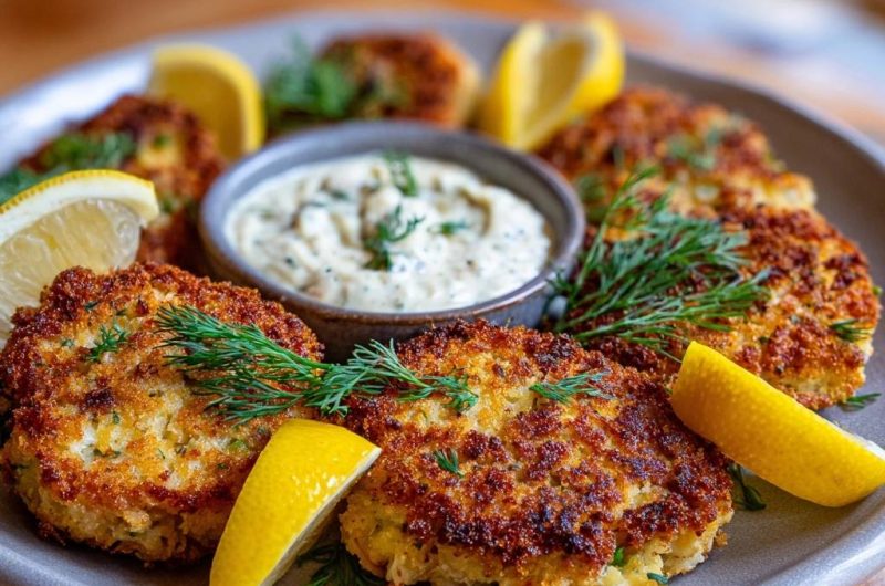 Knusprige Dill-Krabbenkuchen mit Zitronen-Dill-Dip