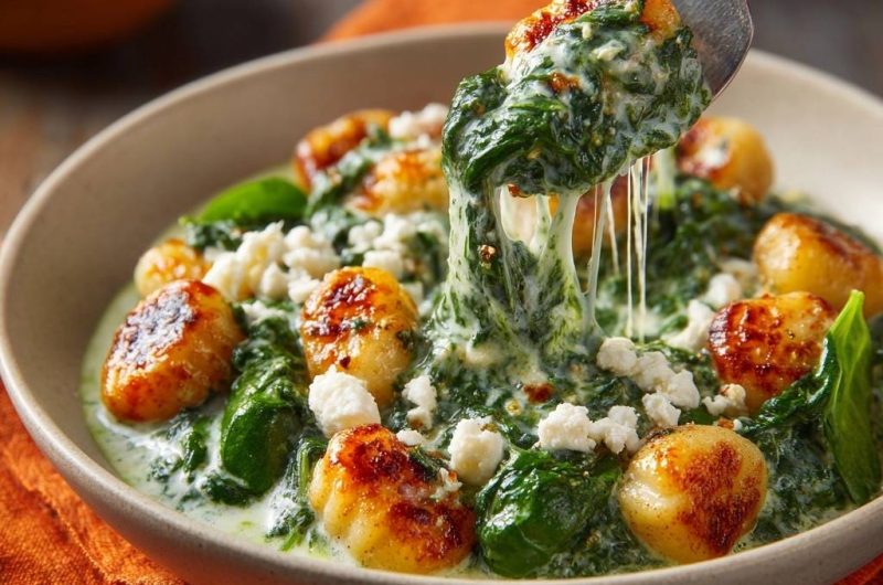 Knusprige Gnocchi in Spinat-Feta-Sauce