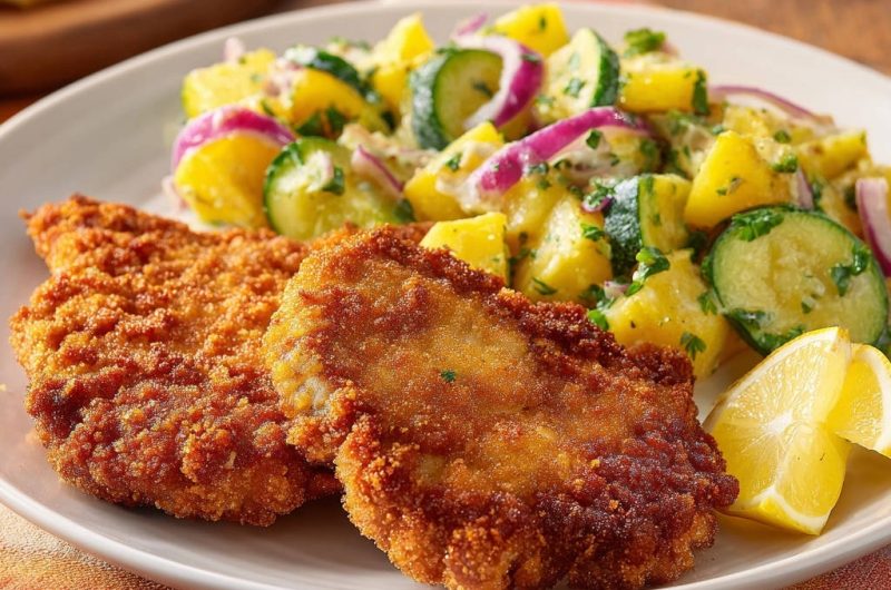 Knusprige Hähnchen-Schnitzel mit cremigem Kartoffel-Gurken-Salat