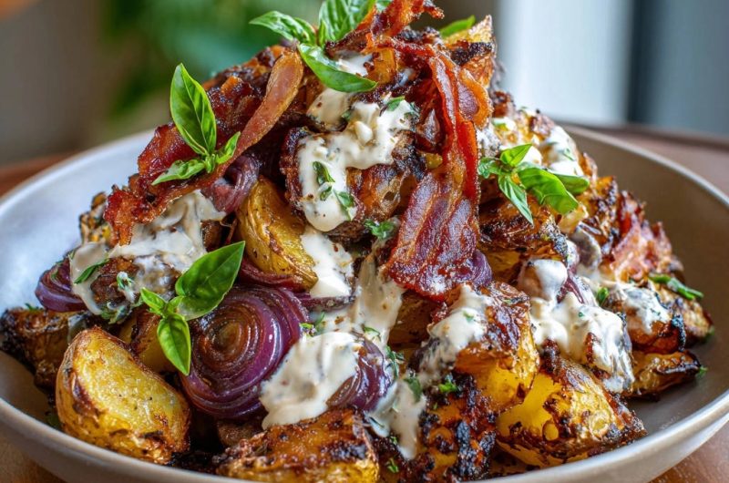 Knusprige Ofenkartoffeln mit Bacon, Roten Zwiebeln und Kräutercreme