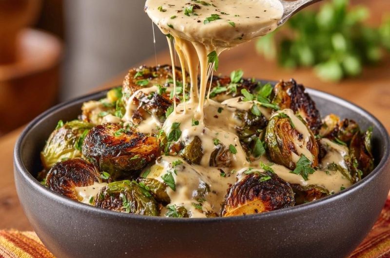 Knuspriger Ofen-Rosenkohl mit cremiger Käsesoße