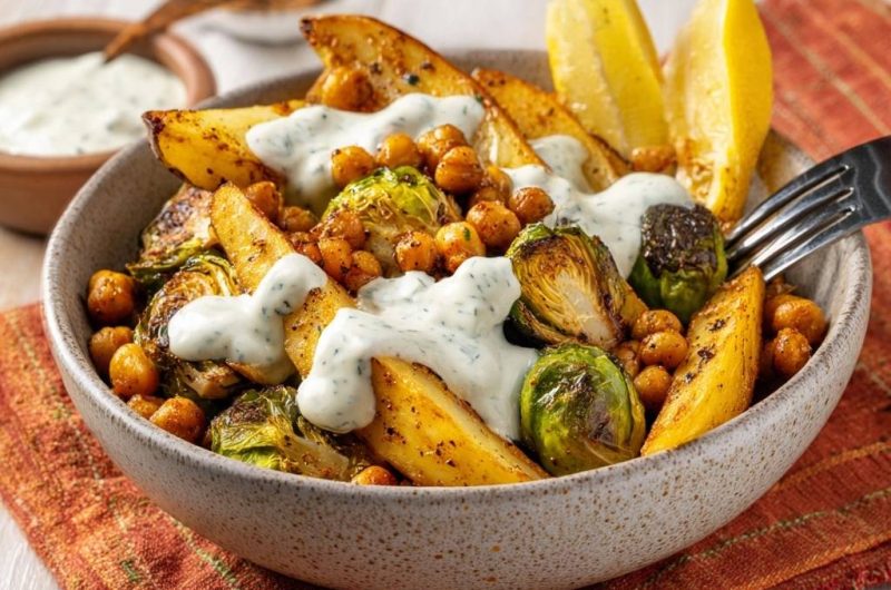 Knuspriger Rosenkohl-Bowl mit Kichererbsen & Kartoffelwedges
