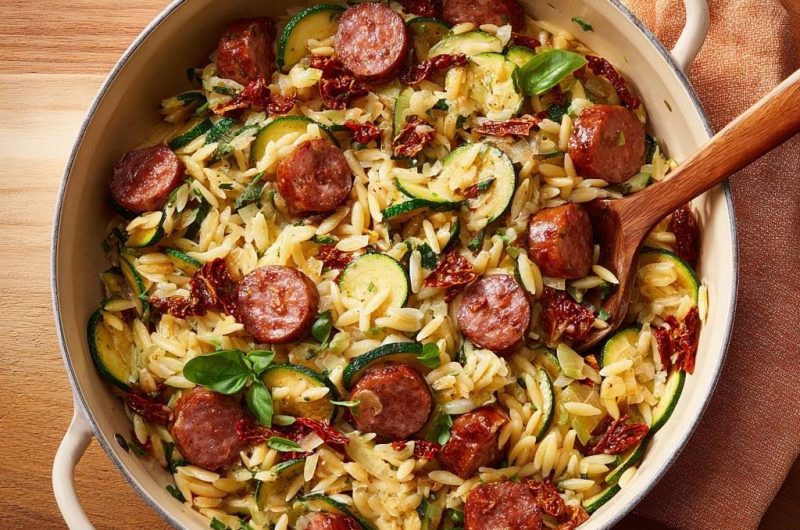 One-Pot-Orzo mit Zucchini, Paprikawurst und Sonnentomaten (Nie wieder matschige Zucchini!)