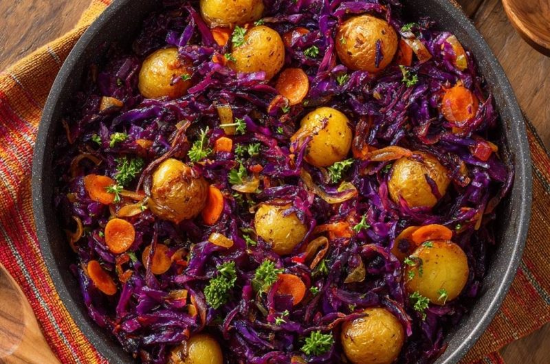 Rotkohl-Pfanne mit Kartoffeln und Karotten