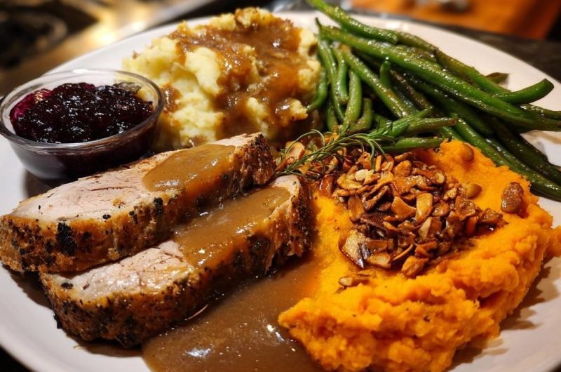 Saftige Putenbrust mit Püree, Bohnen & Preiselbeeren