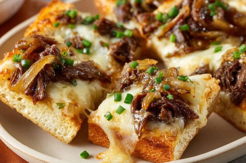 Saftiges Rindfleisch-Sandwich mit Karamellzwiebeln und Käse