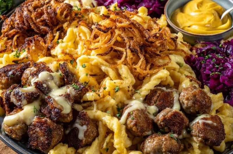 Schwäbische Spätzle-Pfanne mit Frikadellen und Rotkohl