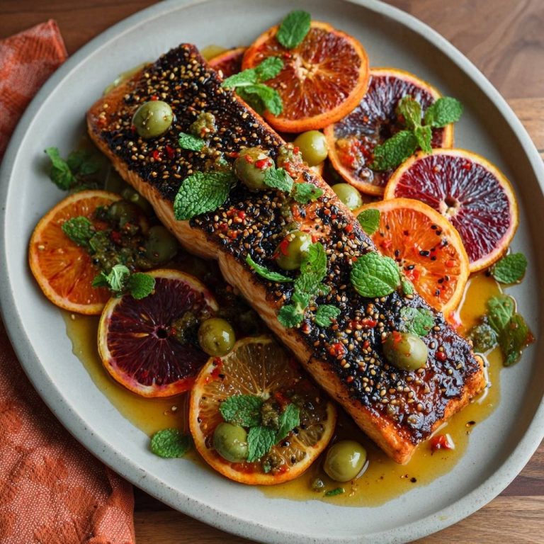 Sesamknuspriger Lachs mit Blutorangen, Oliven und Minze