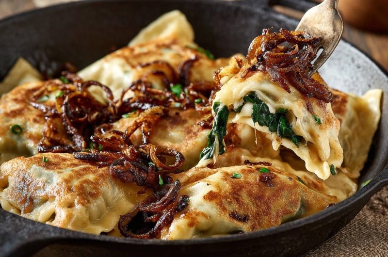 Spinat-Käse-Teigtaschen mit Knusprigen Röstzwiebeln