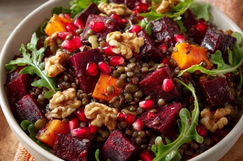 Warme Rote-Bete-Linsen-Bowl mit Kürbis, Walnüssen & Granatapfel (Nie wieder matschige Linsen!)