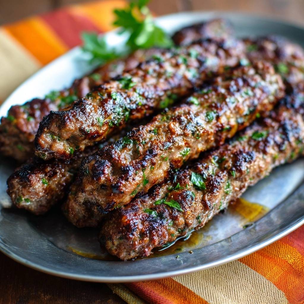 Saftige Adana Kebabs, nah aufgenommen mit gegrillter Textur und frischer Petersilie garniert.