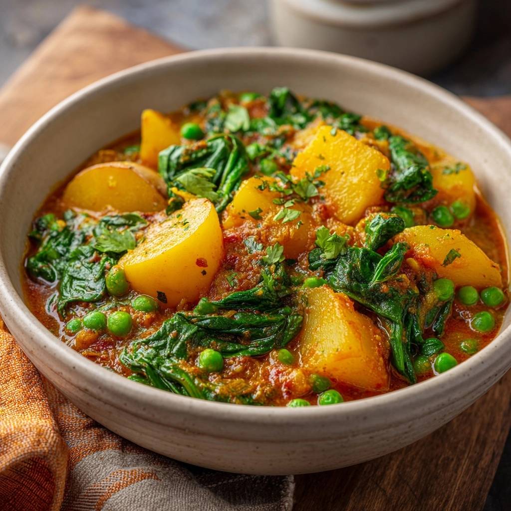 Aloo Palak – Kartoffel-Spinat-Curry als Nahaufnahme mit Kartoffelstücken, Spinat und Erbsen in cremiger Sauce.