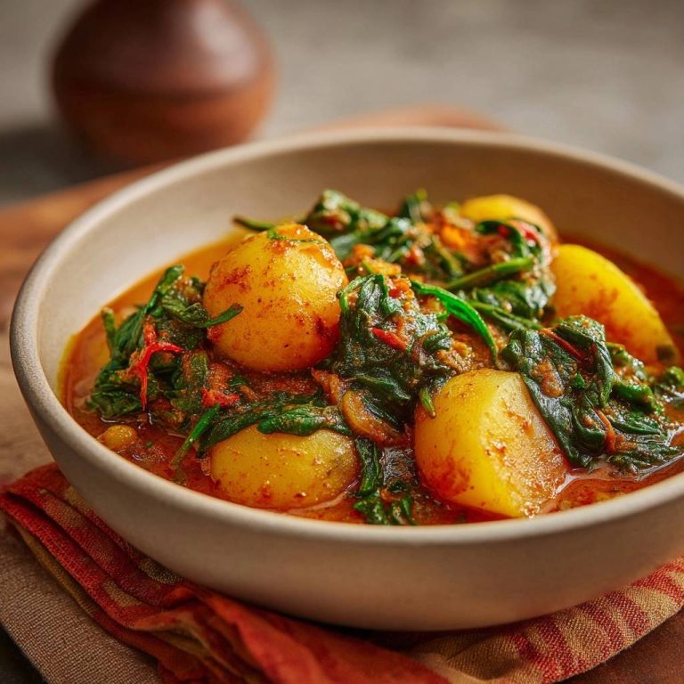Aloo Palak – Kartoffel-Spinat-Curry in einer Schüssel, Nahaufnahme der Kartoffeln und des Spinats in der cremigen Sauce.