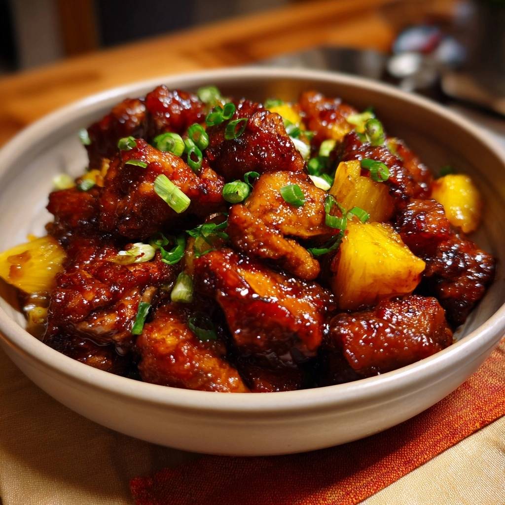 Knuspriges Ananas-Chili-Hähnchen garniert mit frisch gehackten Frühlingszwiebeln und Ananasstücken in einer Schüssel