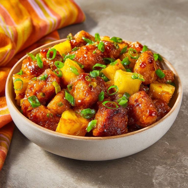 Knuspriges Ananas-Chili-Hähnchen in einer Schüssel, garniert mit Frühlingszwiebeln und Ananasstücken.