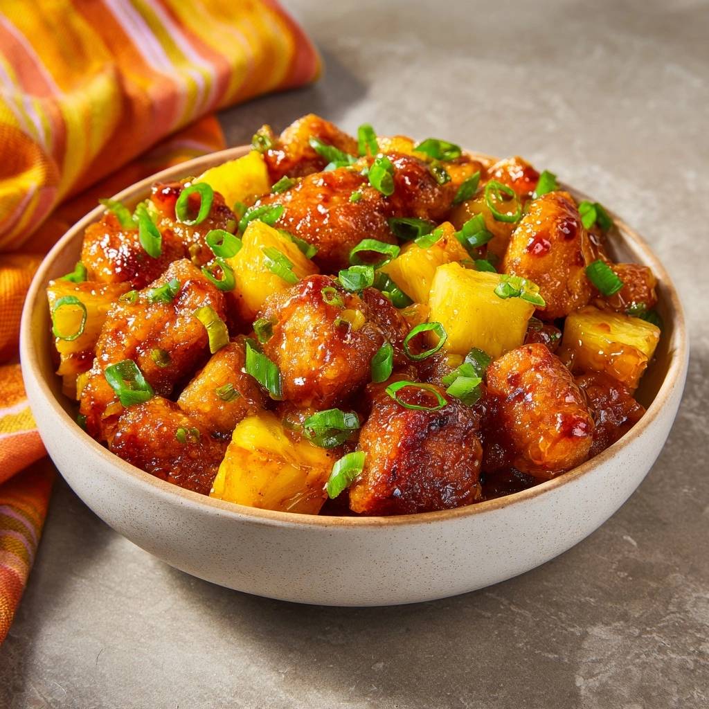 Knuspriges Ananas-Chili-Hähnchen in einer Schüssel, garniert mit Frühlingszwiebeln und Ananasstücken.