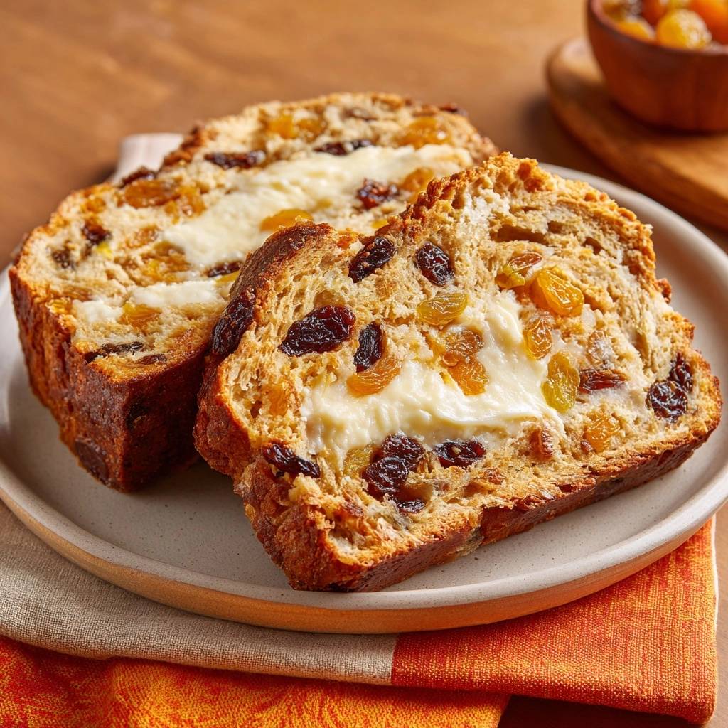 Aprikosen Rosinen Brot Angeschnittener Querschnitt 1 Saftiges Aprikosen-Rosinen-Brot angeschnitten mit Butter, zeigt den vollen Fruchtanteil im Teig.