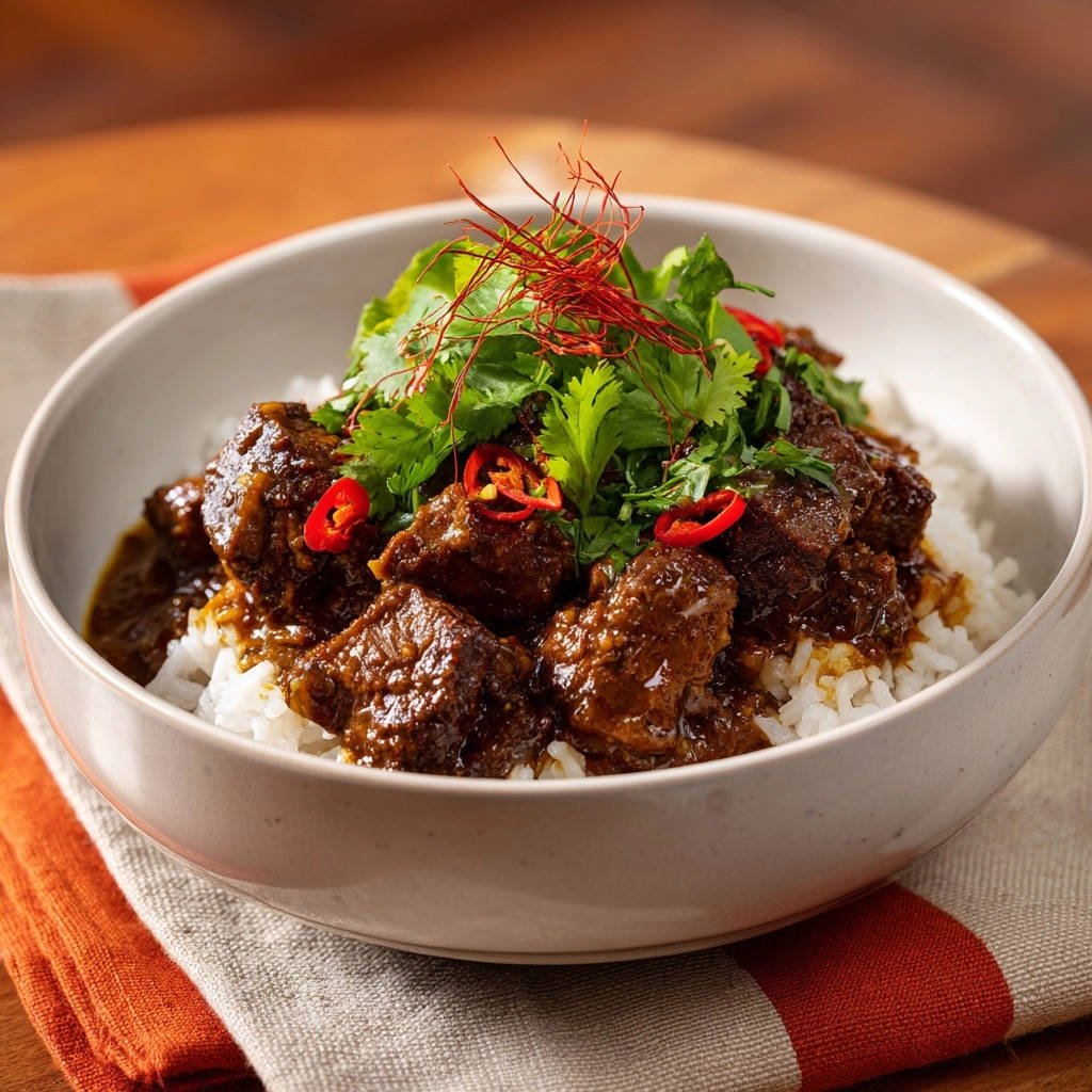 Aromatisches Rindercurry mit Reis, garniert mit frischem Koriander und Chili-Scheiben in einer Schüssel