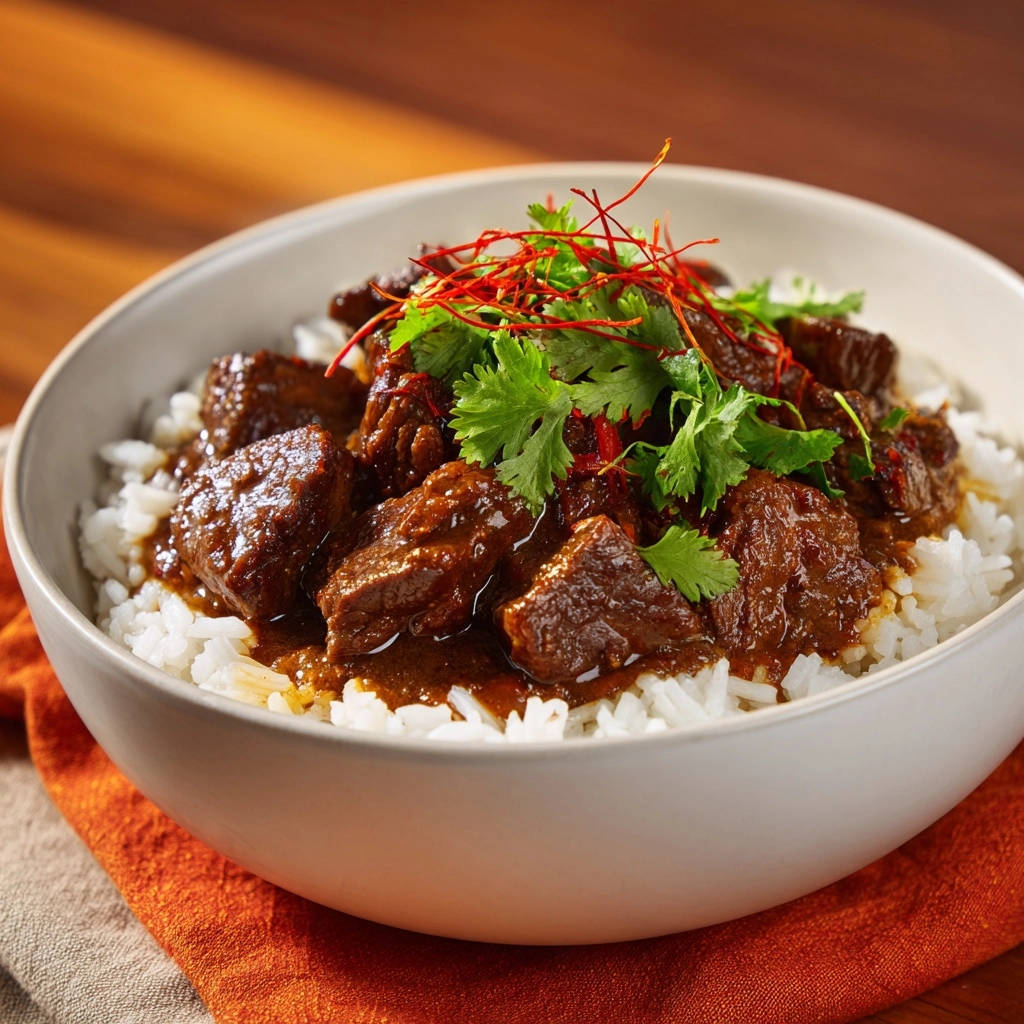 Aromatisches Rindercurry mit Reis, serviert in einer Schüssel mit frischer Koriander- und Chilifäden-Garnitur.