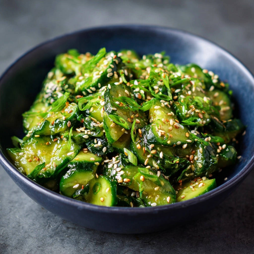 Asiatischer Gurkensalat, hier im Detail mit frischer Garnitur aus Frühlingszwiebeln und Sesamkörnern in einer Schüssel serviert.