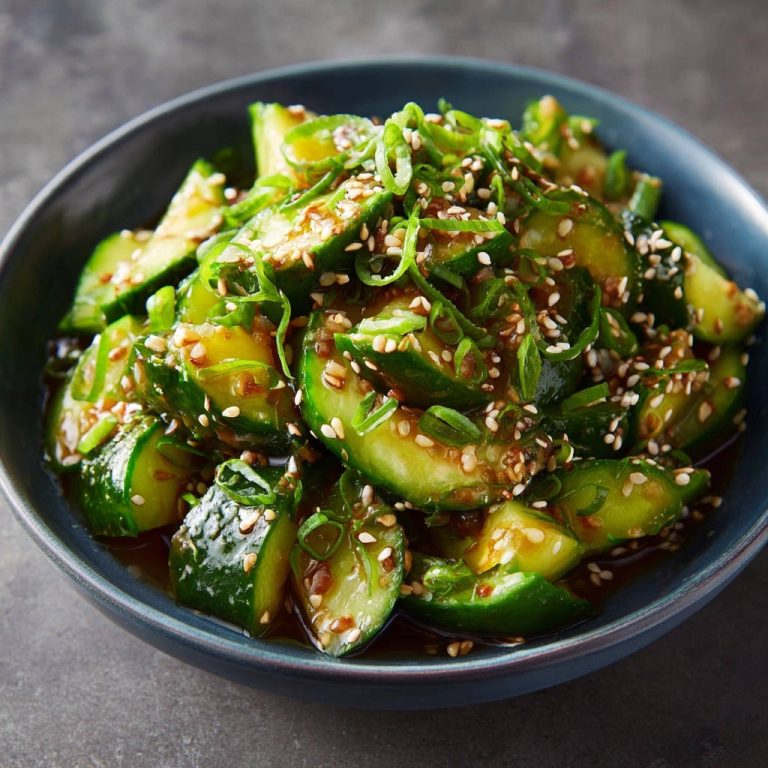 Asiatischer Gurkensalat, knackig und aromatisch, garniert mit Frühlingszwiebeln und geröstetem Sesam in einer Schüssel serviert.