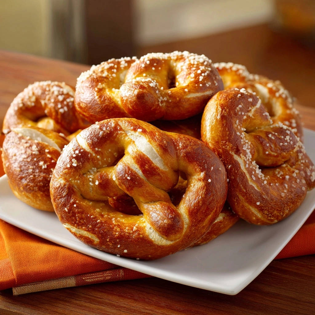 Bayrische Brezeln mit grobem Salz, eine Nahaufnahme, die die goldbraune Kruste und die typische Knotenform zeigt.