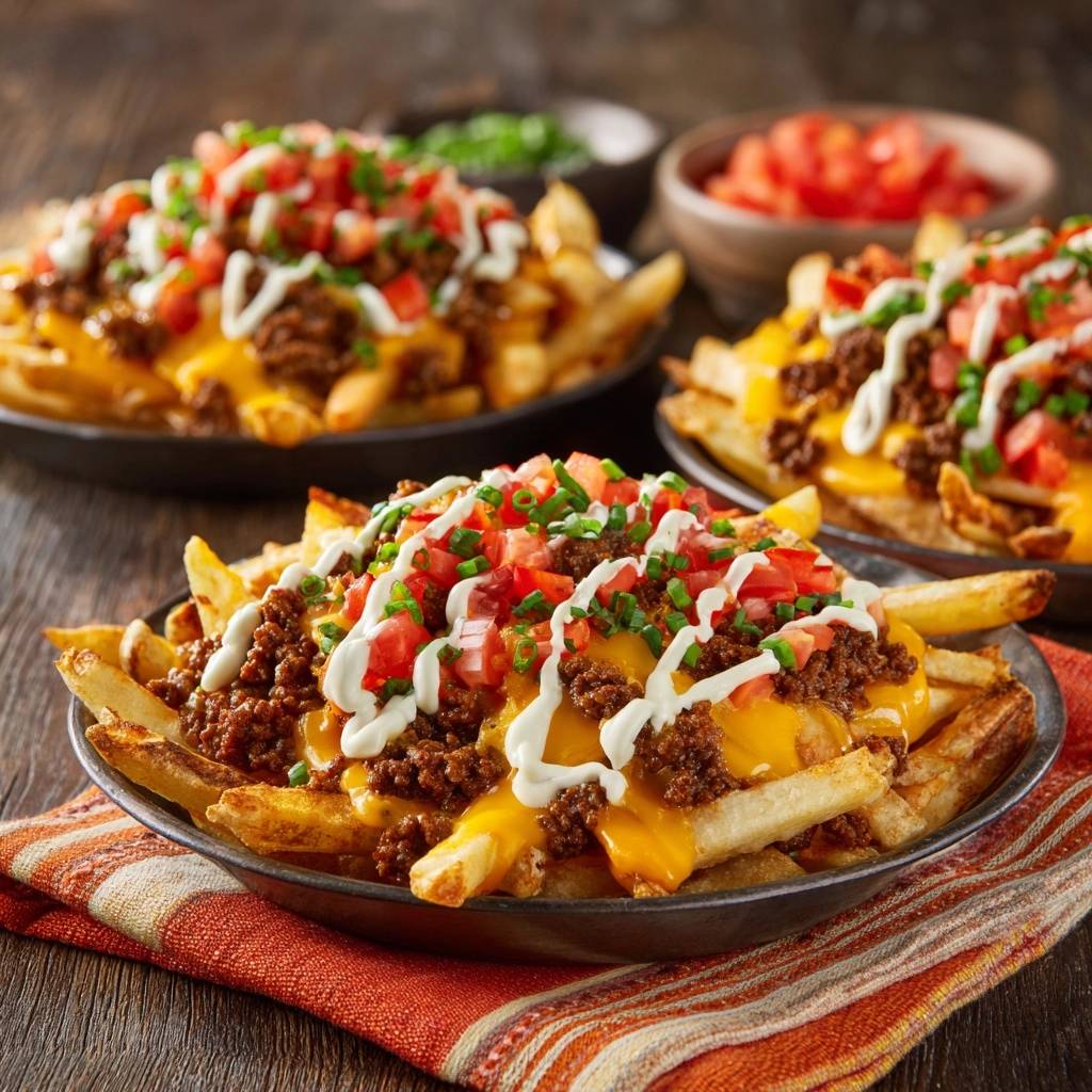 Beladene Chili Pommes Drei Portionen Nahaufnahme 1 Beladene Chili-Pommes als Nahaufnahme von drei servierten Portionen mit Hackfleisch, Käse, Tomaten und Sour Cream.