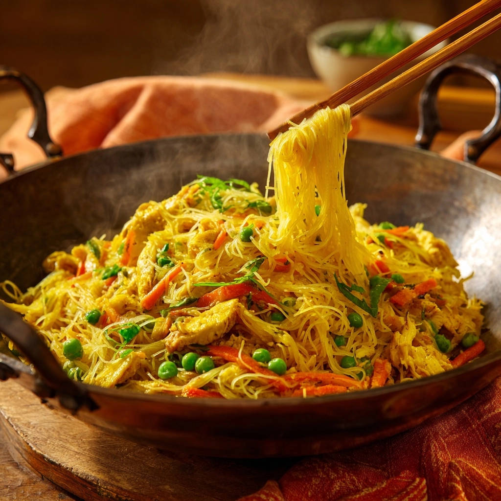 Blitz-Wok-Nudeln mit Hähnchen werden mit Stäbchen aus einem dampfenden Wok gehoben.