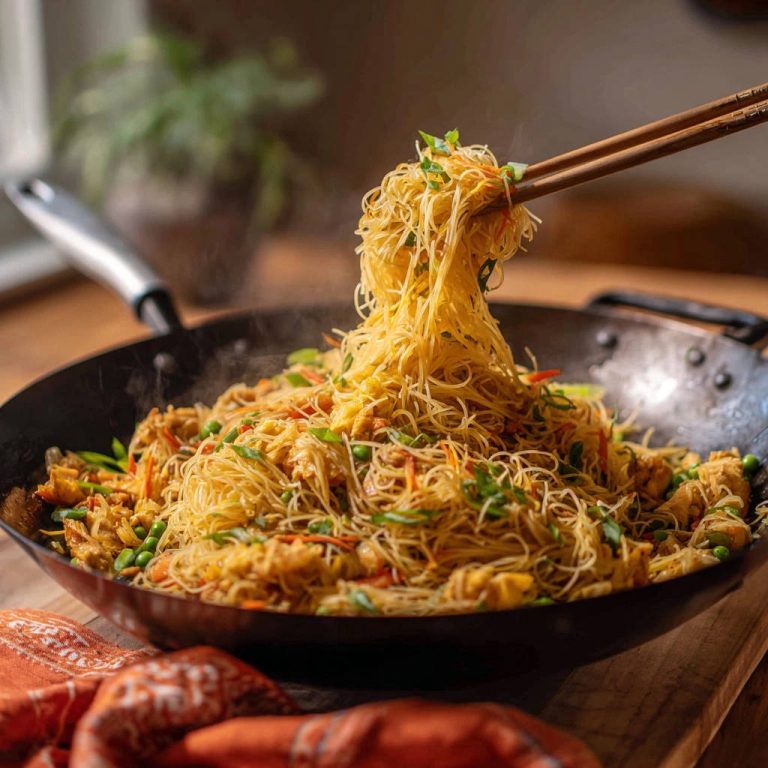 Blitz-Wok-Nudeln mit Hähnchen als dampfende Portion, die mit Stäbchen aus dem Wok gehoben wird.