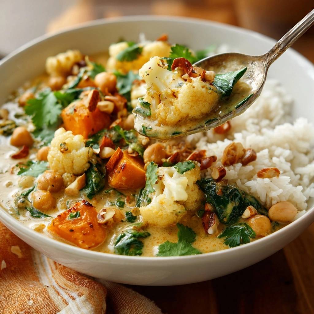 Blumenkohl Kichererbsen Curry Lffel Mit Portion 1 Knuspriges Blumenkohl-Kichererbsen-Curry, eine Löffelportion mit Blumenkohl, Süßkartoffel und Kichererbsen über Reis.