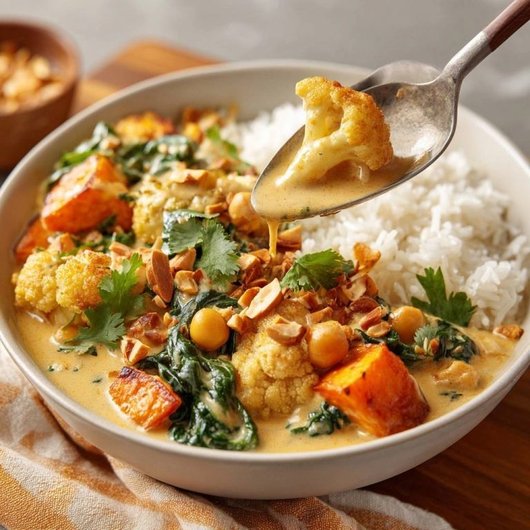 Knuspriges Blumenkohl-Kichererbsen-Curry mit Reis, serviert mit einem Löffel, der das cremige Curry und Blumenkohl zeigt.