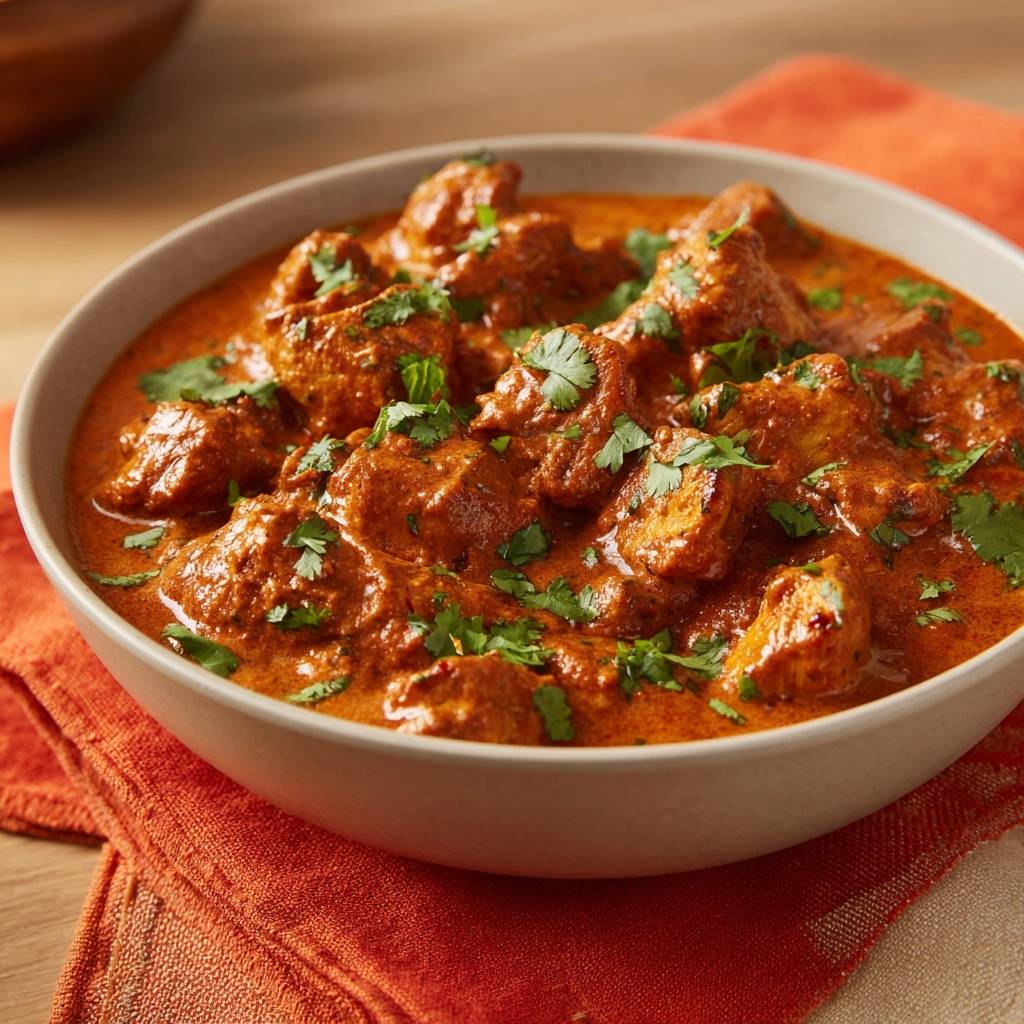 Butter Chicken Garniert 1 Butter Chicken (Nie wieder trockenes Huhn!) mit frischem Koriander als Garnitur in einer Schüssel serviert.