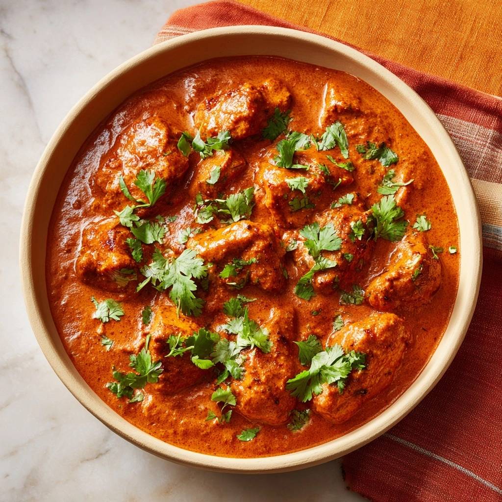 Butter Chicken, garniert mit Koriander und serviert in einer rustikalen Schüssel auf einem gemusterten Tuch.