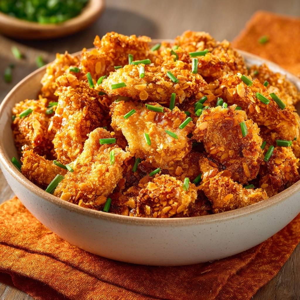 Cornflake Huhn Nuggets Garniert 1 Knusprige Cornflake-Hähnchen-Nuggets sind in einer Schüssel mit gehackter Petersilie garniert und bereit zum Servieren.