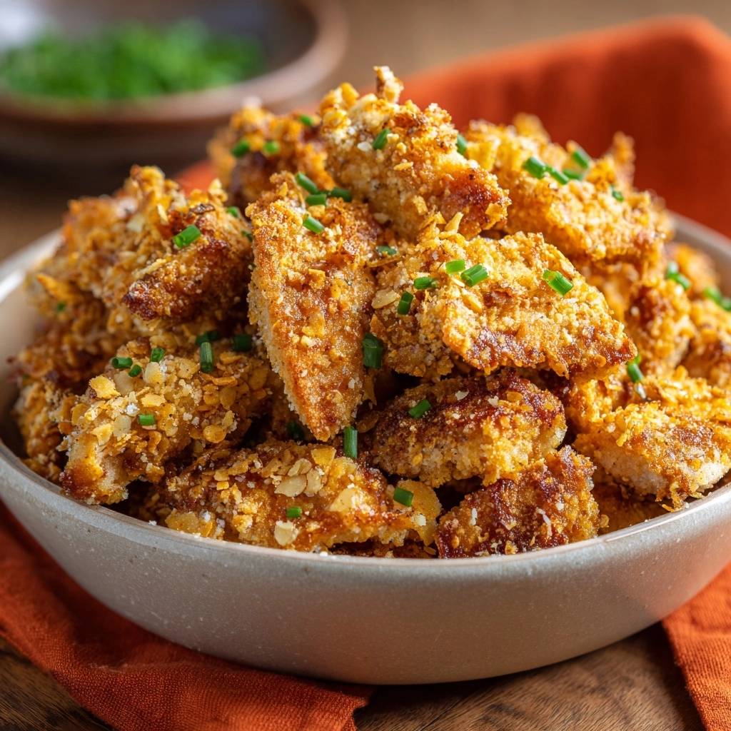 Knusprige Cornflake-Hähnchen-Nuggets als Nahaufnahme in einer Schüssel serviert, garniert mit Schnittlauch.