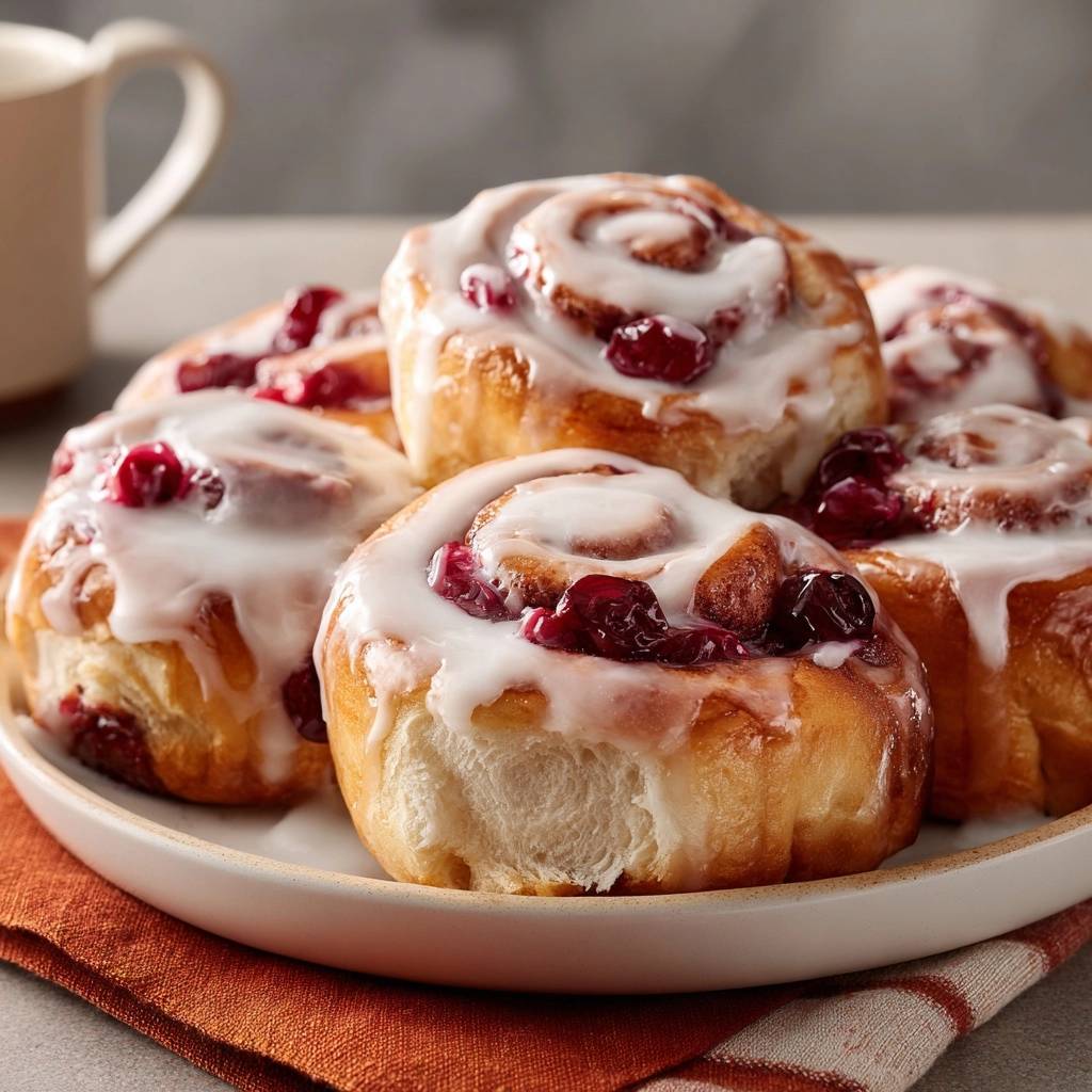 Cranberry-Zimtschnecken mit Kirschen, eine Nahaufnahme zeigt die saftige Füllung und Zuckerguss.
