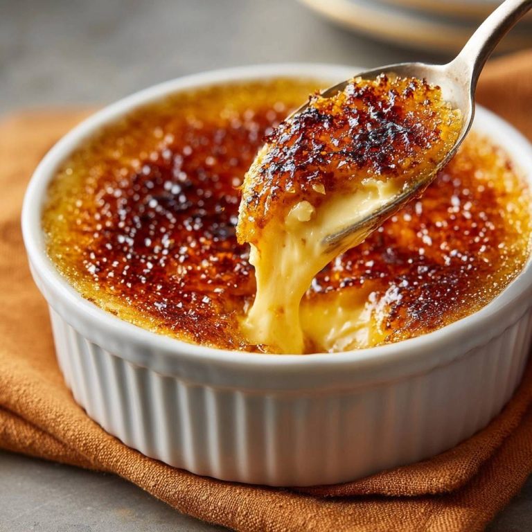 Crème Brûlée mit einer perfekt gestochenen Zuckerkruste, die beim Anstechen mit Löffel aufbricht.