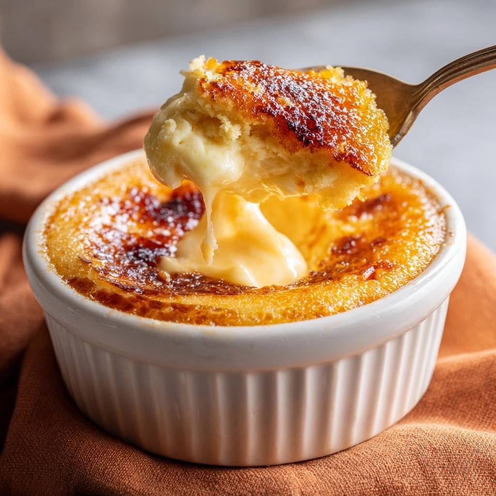 Creme Brulee Nahaufnahme Lffel 1 Crème Brûlée mit einem Löffel herausgenommen, der die cremige Füllung und die karamellisierte Kruste zeigt