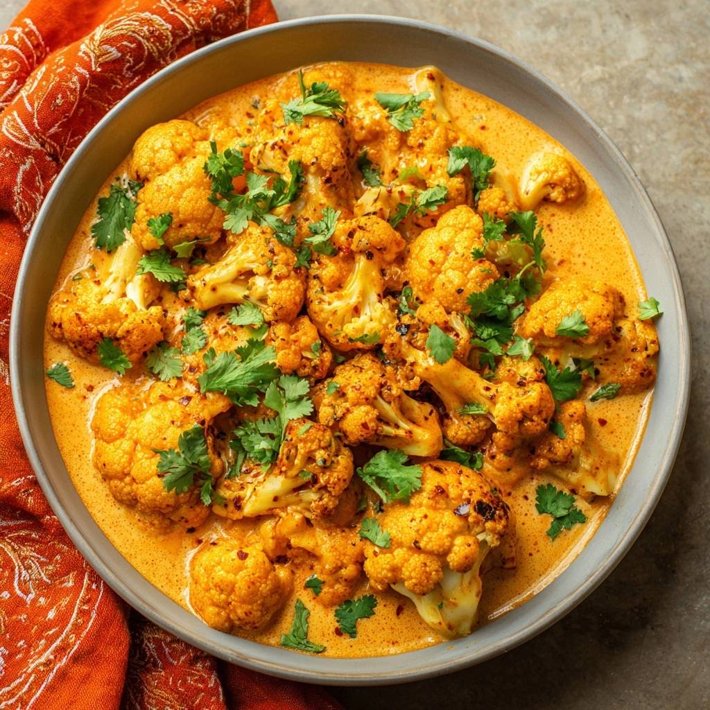 Cremig Blumenkohl Curry Garniert Von Oben 1 Cremiges blumenkohl-curry, garniert mit frischer Koriander, in einer Schüssel von oben gezeigt.