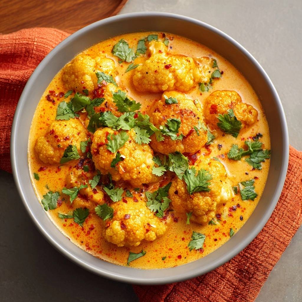 Cremiges Blumenkohl-Curry, nahaufnahme der florets mit frischem Koriander und Chiliflocken garniert