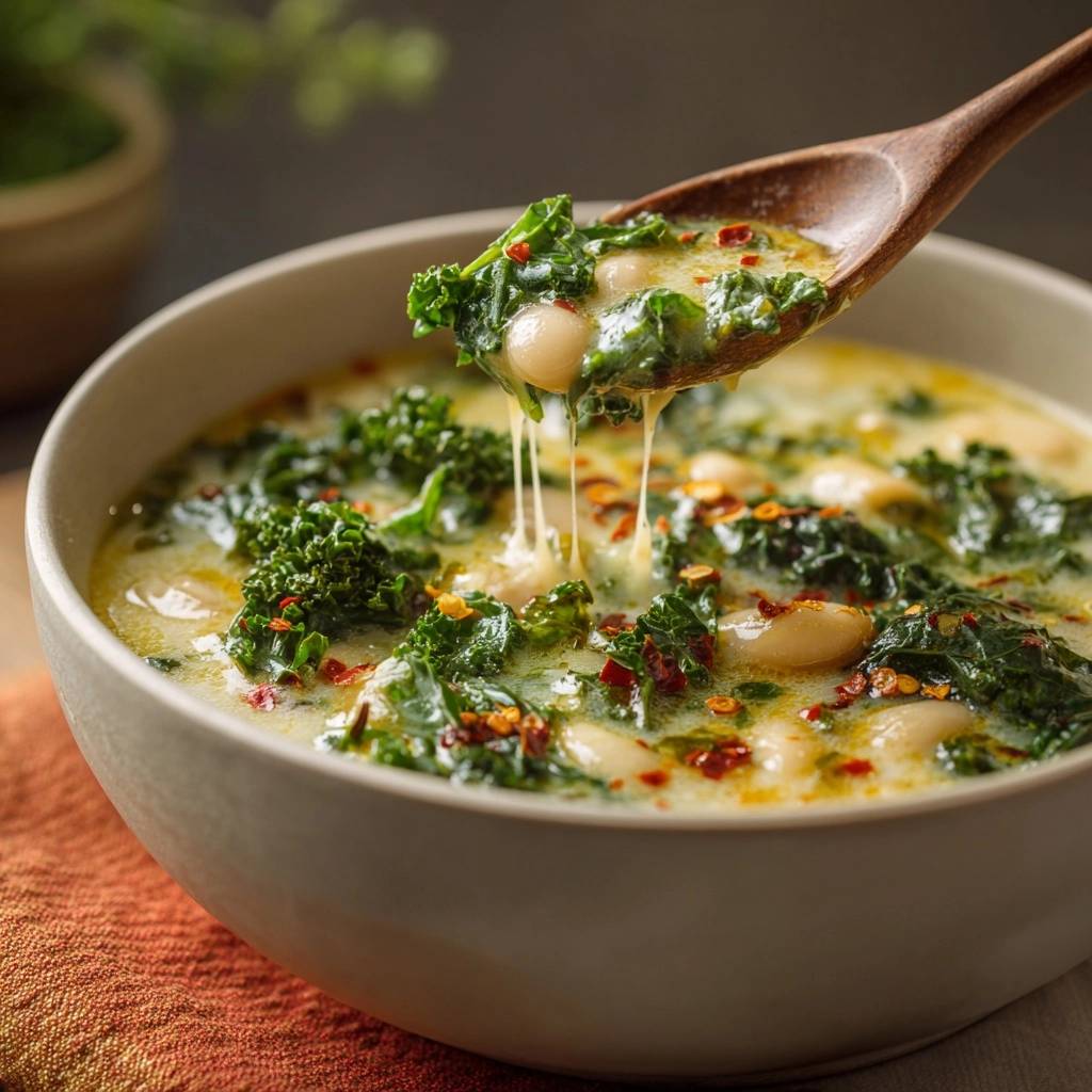 Cremig Gruenkohl Bohnensuppe Mit Chili Lffel Nahaufnahme 1 Cremige Grünkohl-Bohnensuppe mit Chili, mit einem Holzlöffel voller Suppe und schmelzendem Käse im Nahaufnahme.