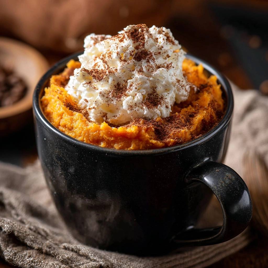 Cremig Herbst Kuerbiscreme Garniert Mit Sahne 1 Cremige Herbst-Kürbiskreme, garniert mit Schlagsahne und Zimt, in einer schwarzen Tasse serviert.