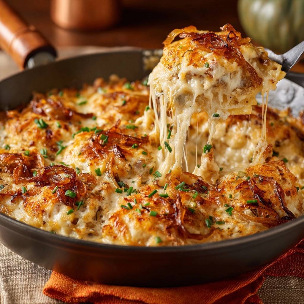 Cremiges Kartoffel-Zwiebel-Gratin mit geschmolzenem Käse, Nahaufnahme von Käsefäden, die von einer Gabel gezogen werden.