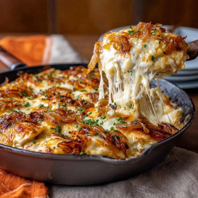 Cremiges Kartoffel-Zwiebel-Gratin, das mit einem Löffel aus der Pfanne gehoben wird und dabei geschmolzenen Käse zeigt.