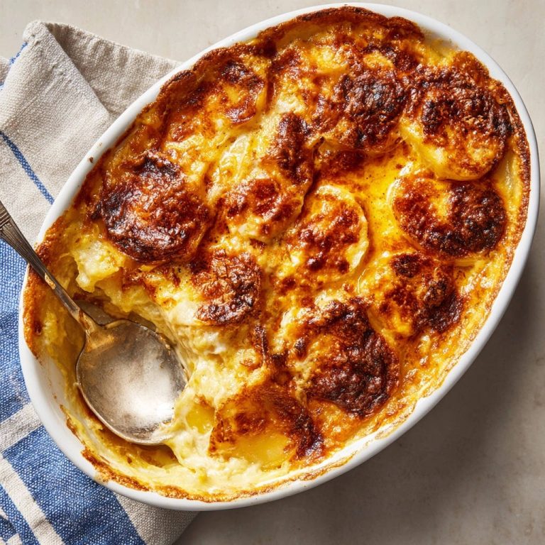 Cremiges Kartoffelgratin angeschnitten mit einem Löffel, das die goldbraune Kruste und die cremige Füllung zeigt.